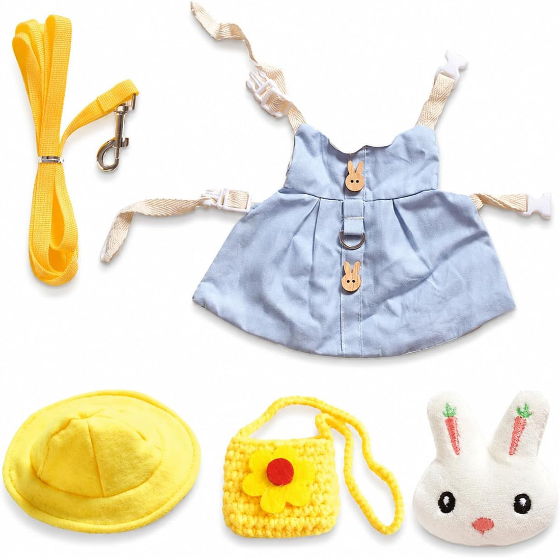 Bunny Outfit Harness Set with Leash, Cute Blue, L