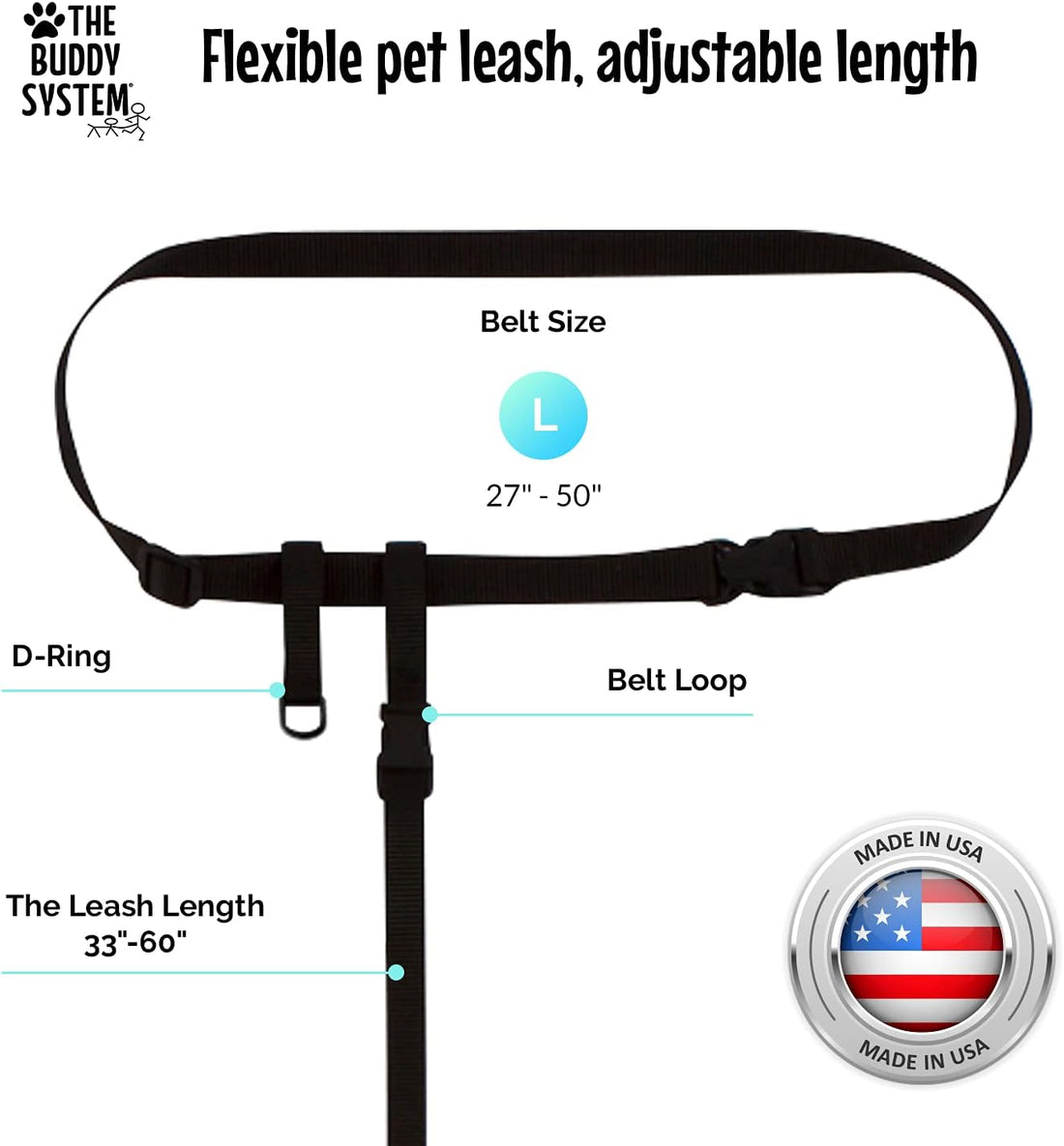 The Buddy System - Hands Free Dog Leash - Small Dog, Large Belt