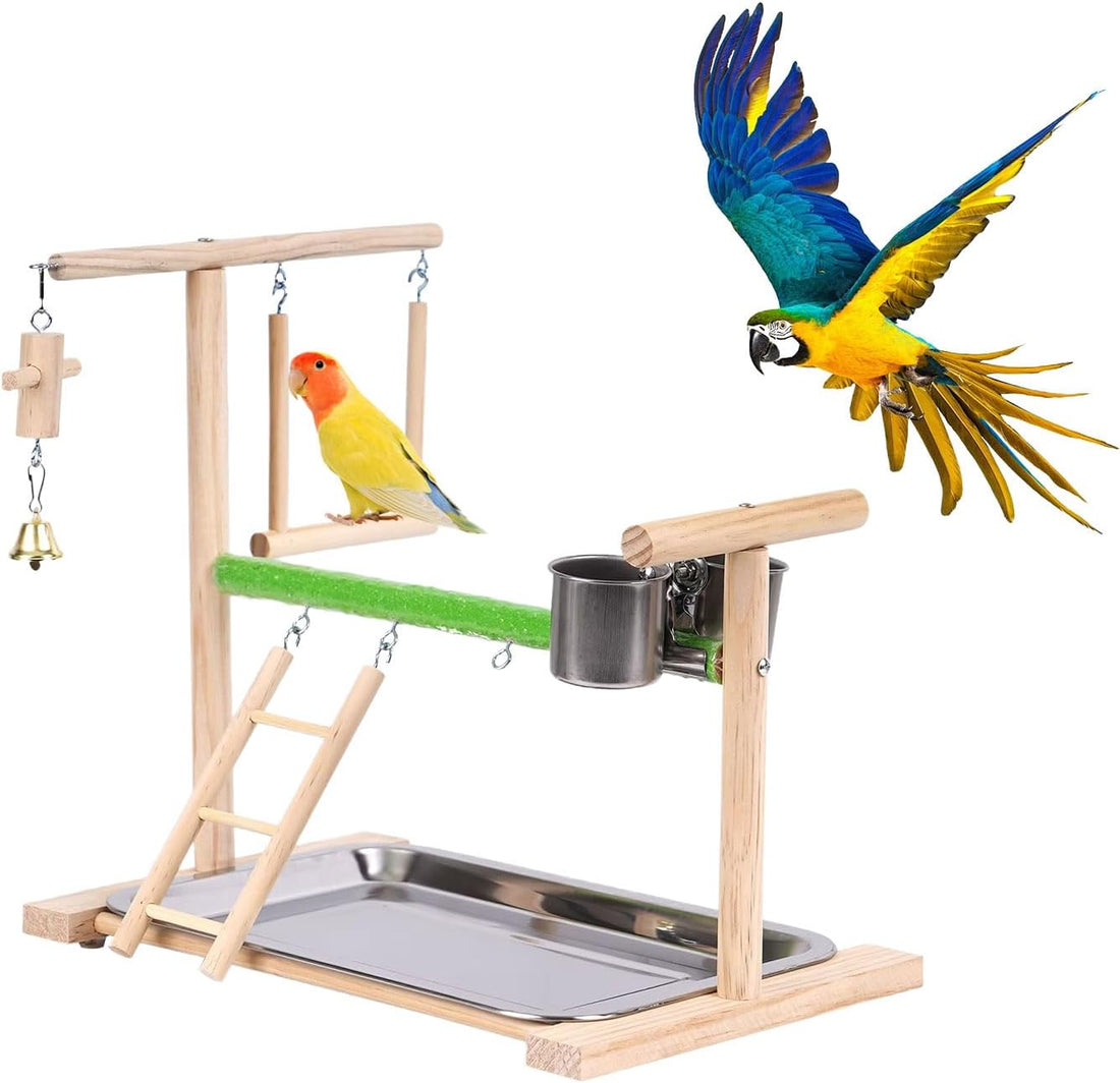Bird Playground, Natural Wood Bird Perch Stand with Removable Tray