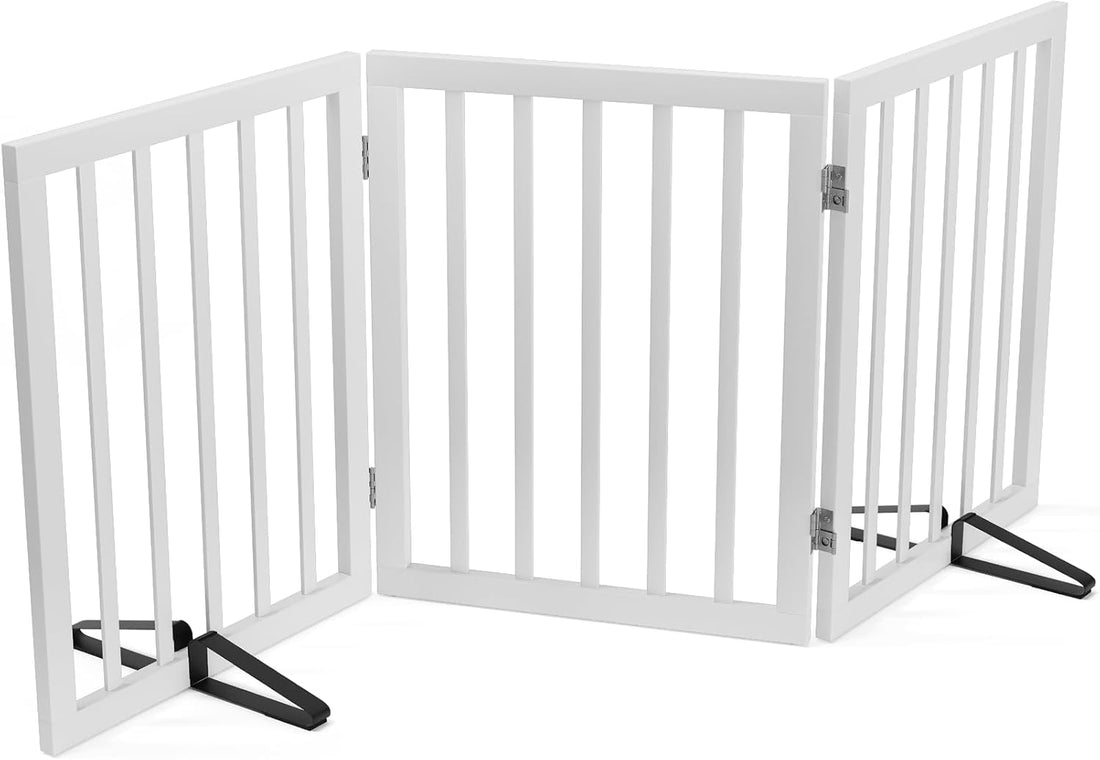 Wooden Dog Gate Freestanding Foldable 4 Panel Pet Gates Extra Wide