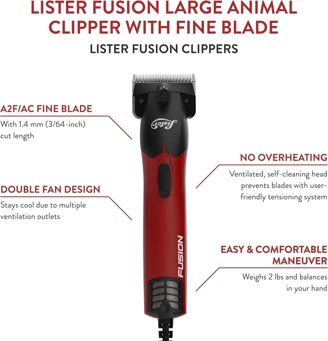 Lister Fusion Professional Animal Clipper, Two Speed, Red