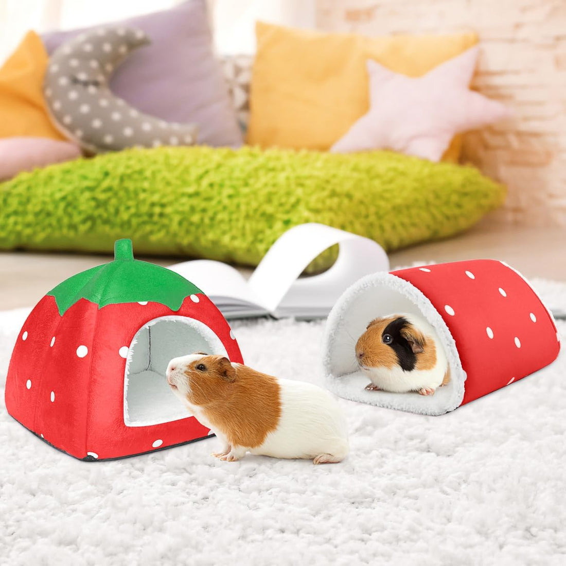 Guinea Pig Hideout with Tunnel, Washable Fleece House Bed