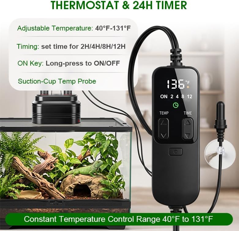 Dual Reptile Light Fixture,Reptile Heat Lamp with Thermostat & Timer