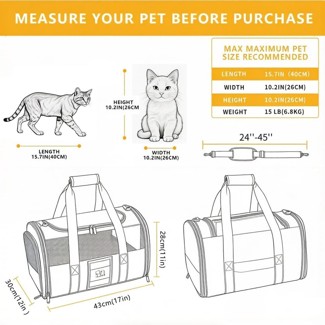 SECLATO Cat Carrier Pet Dog Carrier Airline Approved for Puppy Cat