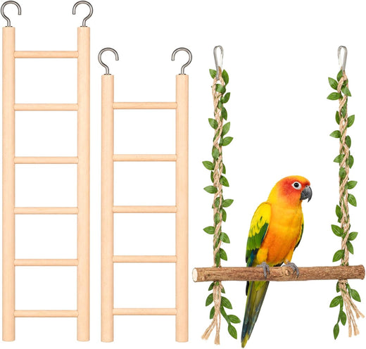 3 Pcs 2 Sizes Bird Ladder, 5/6-Step Wooden Cage Ladder with Swing