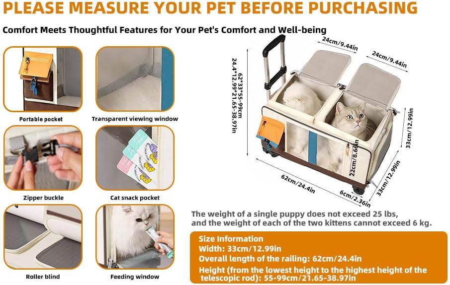 Large Cat Carrier with Wheels, Rolling Folding Soft-Sided for 2 Cats