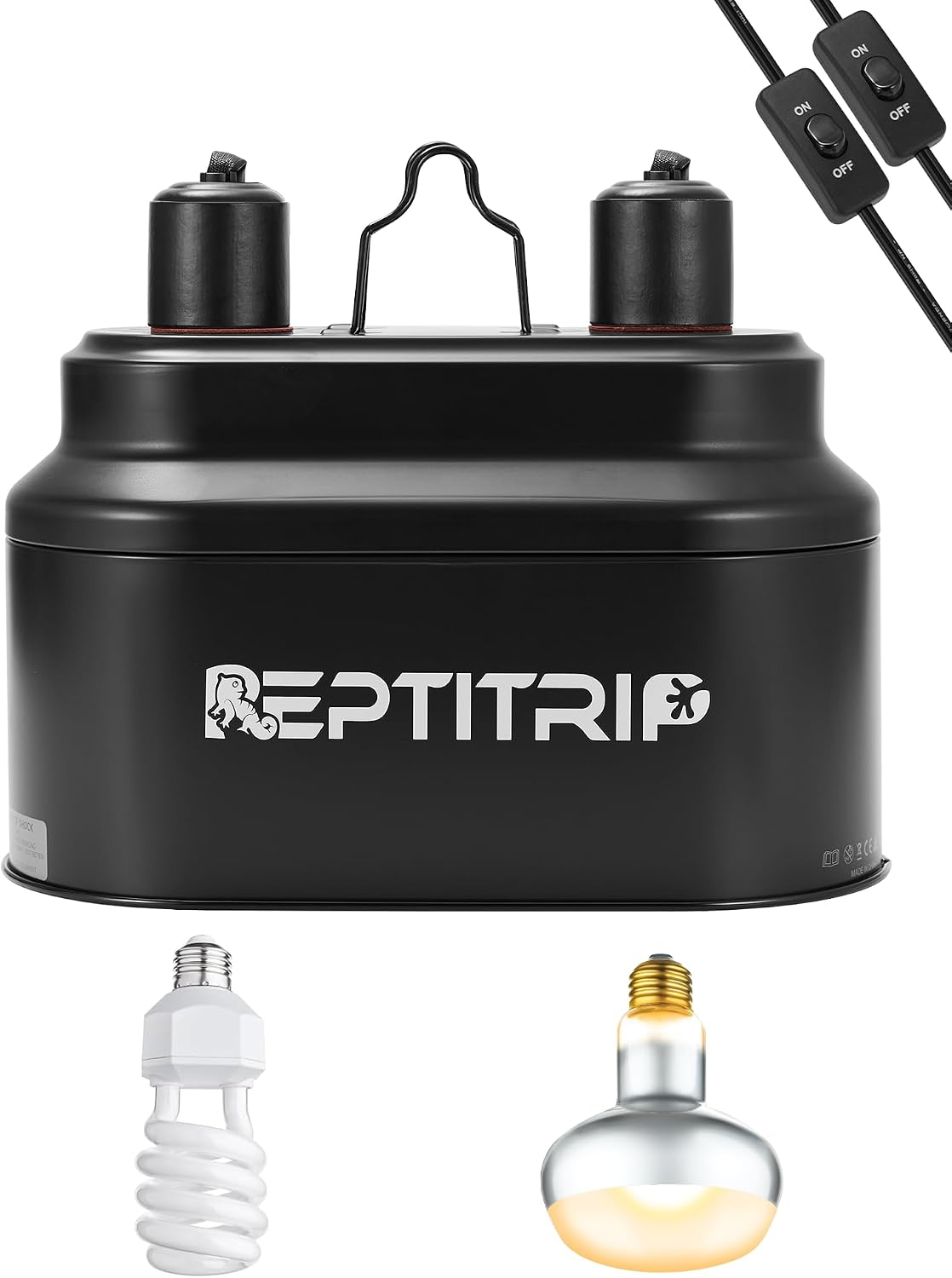 REPTITRIP Dual Reptile Light Fixture with 100W Daytime Heat Bulb & 100W Nighttime Ceramic Heat Emitter, 2 Independent Switches, Reptile Heat Lamp Combo Pack - No UVB