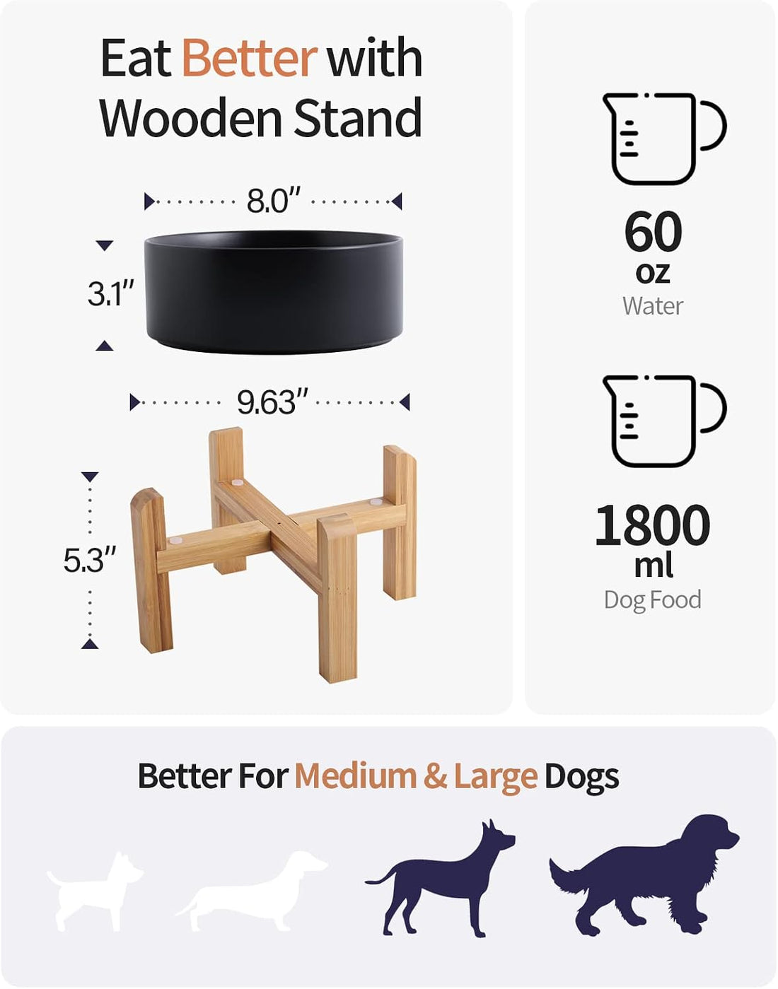 Addogyy Black Elevated/Raised Dog Bowl Ceramic with Wood Stand
