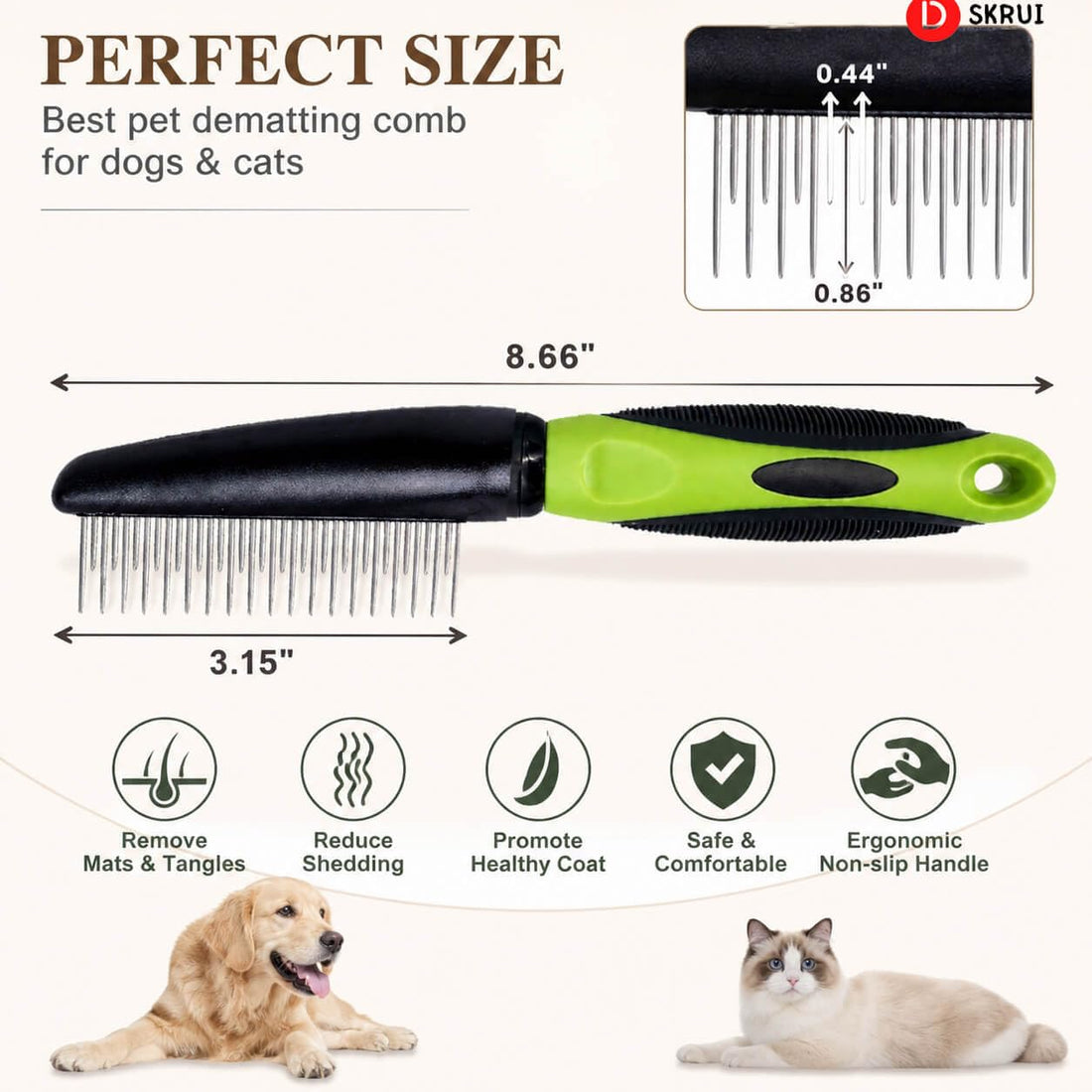 Dog Comb for Shedding & Dematting, Rotating Pins, Undercoat