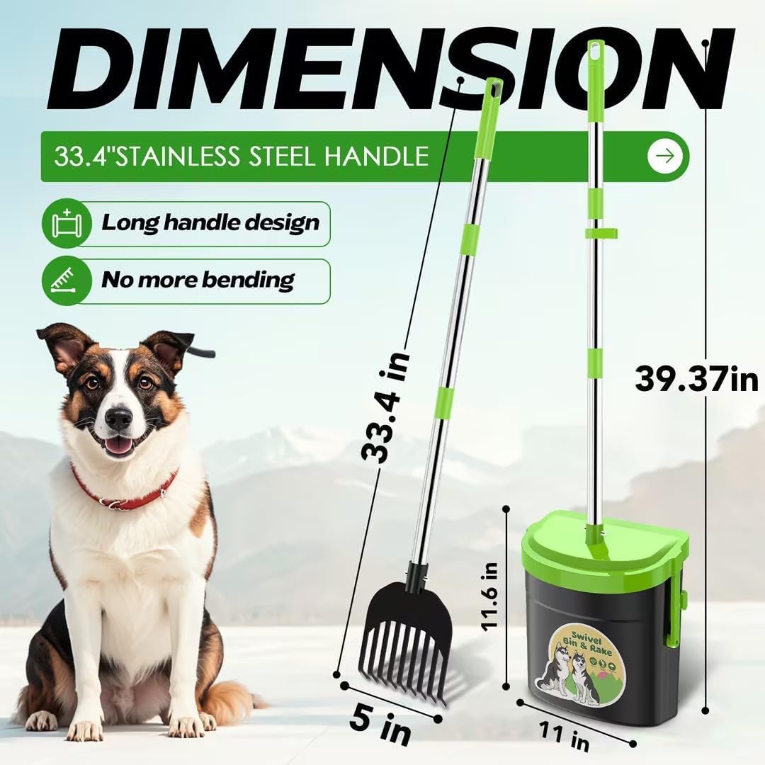 UPSKY 33.4" Dog Pooper Scooper Swivel Bin & Rake Kit with 100 Waste