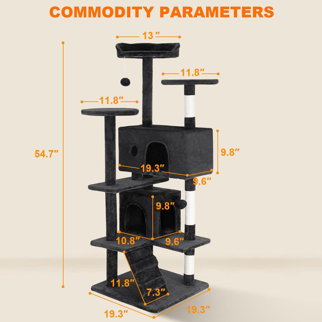 FDW | 54" Cat Tree Tower | Grey | Multi-Level Indoor Activity Center