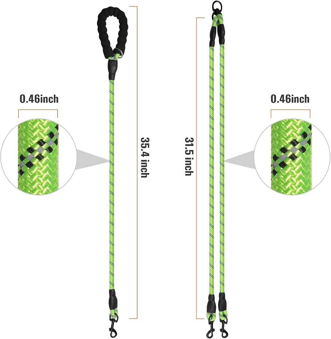 Double Dog Leash Reflective Detachable Coupler &360° Swivel Tangle