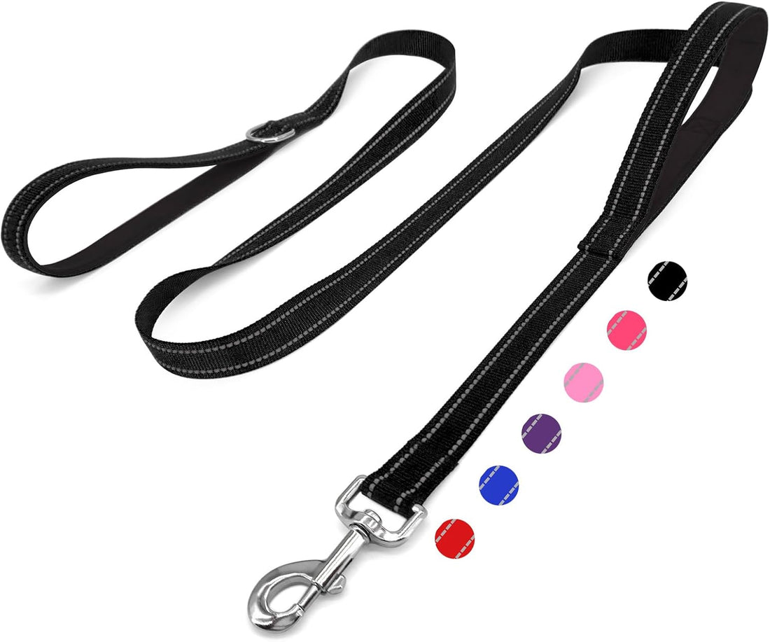 6 FT Black Nylon Reflective Dog Leash for Large Dogs with 2 Padded