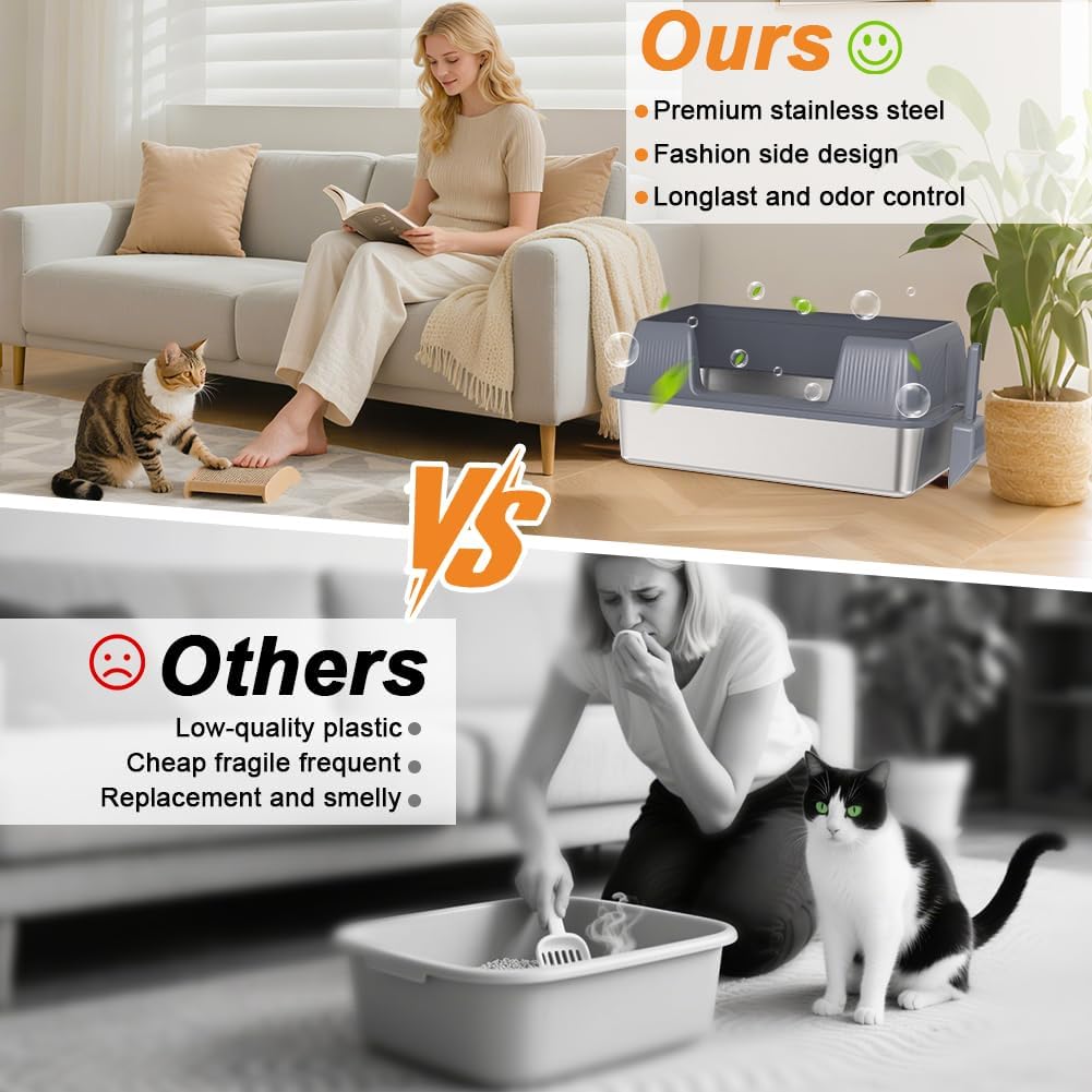 Vivifying XL Stainless Steel Cat Litter Box, High Sided Open Top, Gray