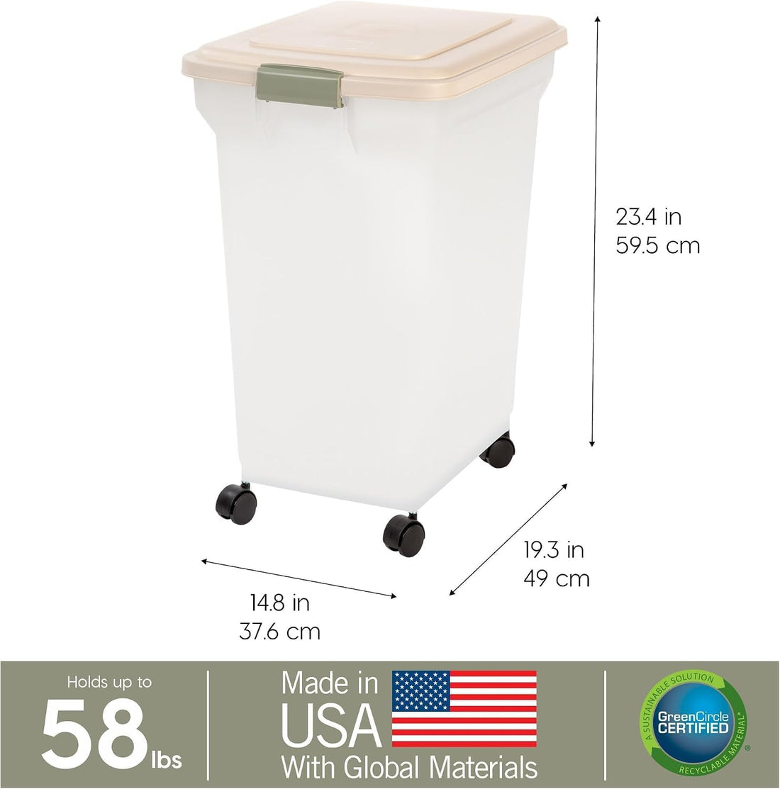 IRIS USA Dog Food Storage Container 58 lbs, Attachable Wheels
