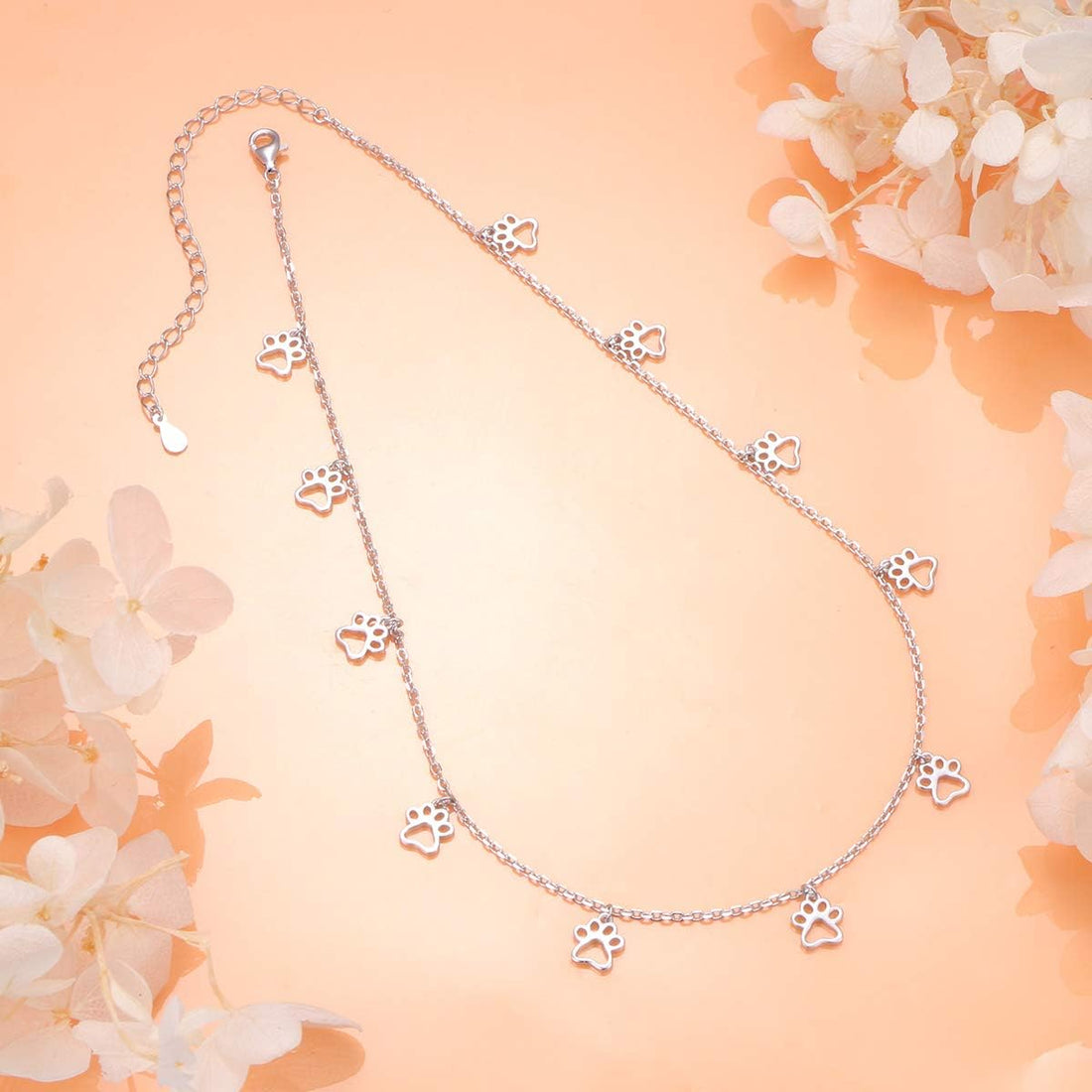 S925 Sterling Silver Puppy Dog Cat Pet Paw Print Choker Disc Chain