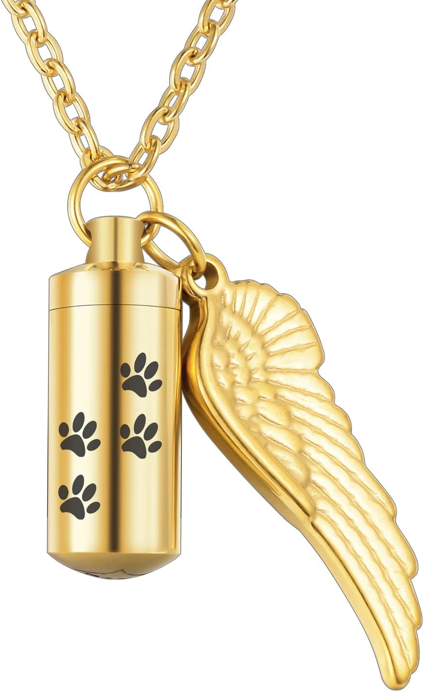 abooxiu Cylinder Cremation Necklace for Pet Ashes With Angel Wing Paw