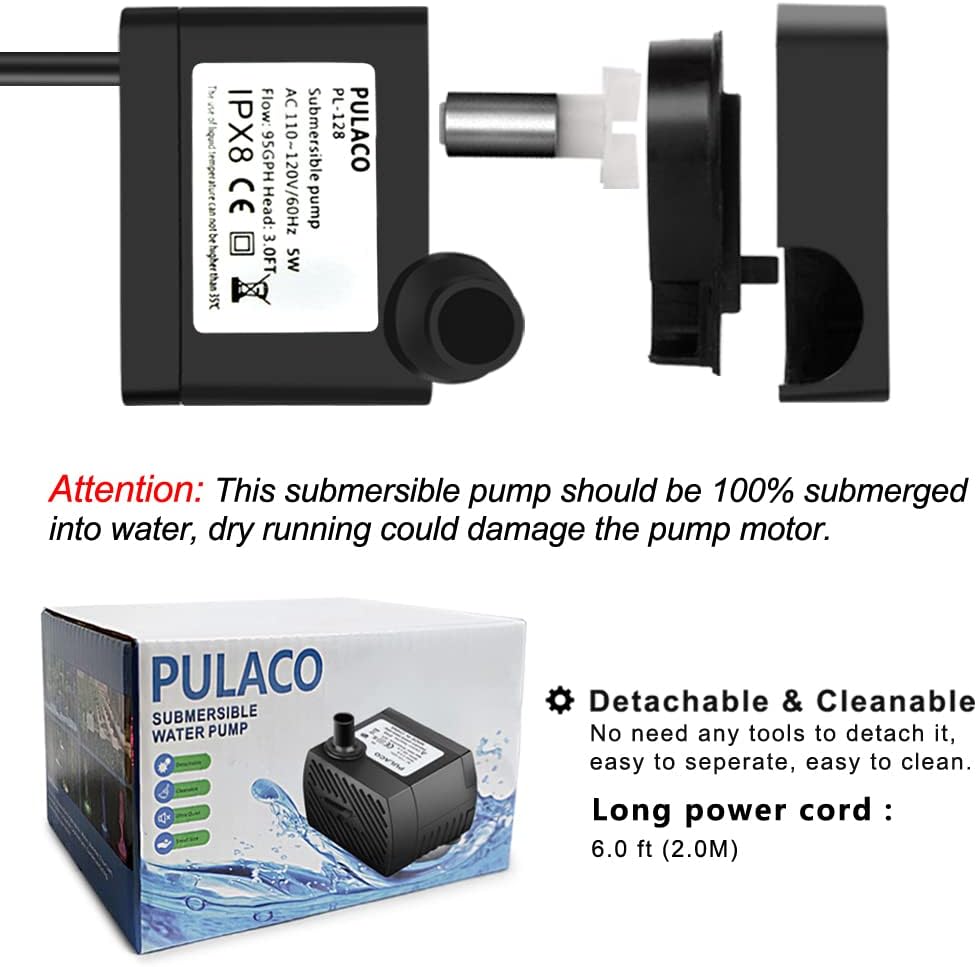 PULACO 50GPH 2Pcs Mini Fountain Pump with 3.3 ft Tubing