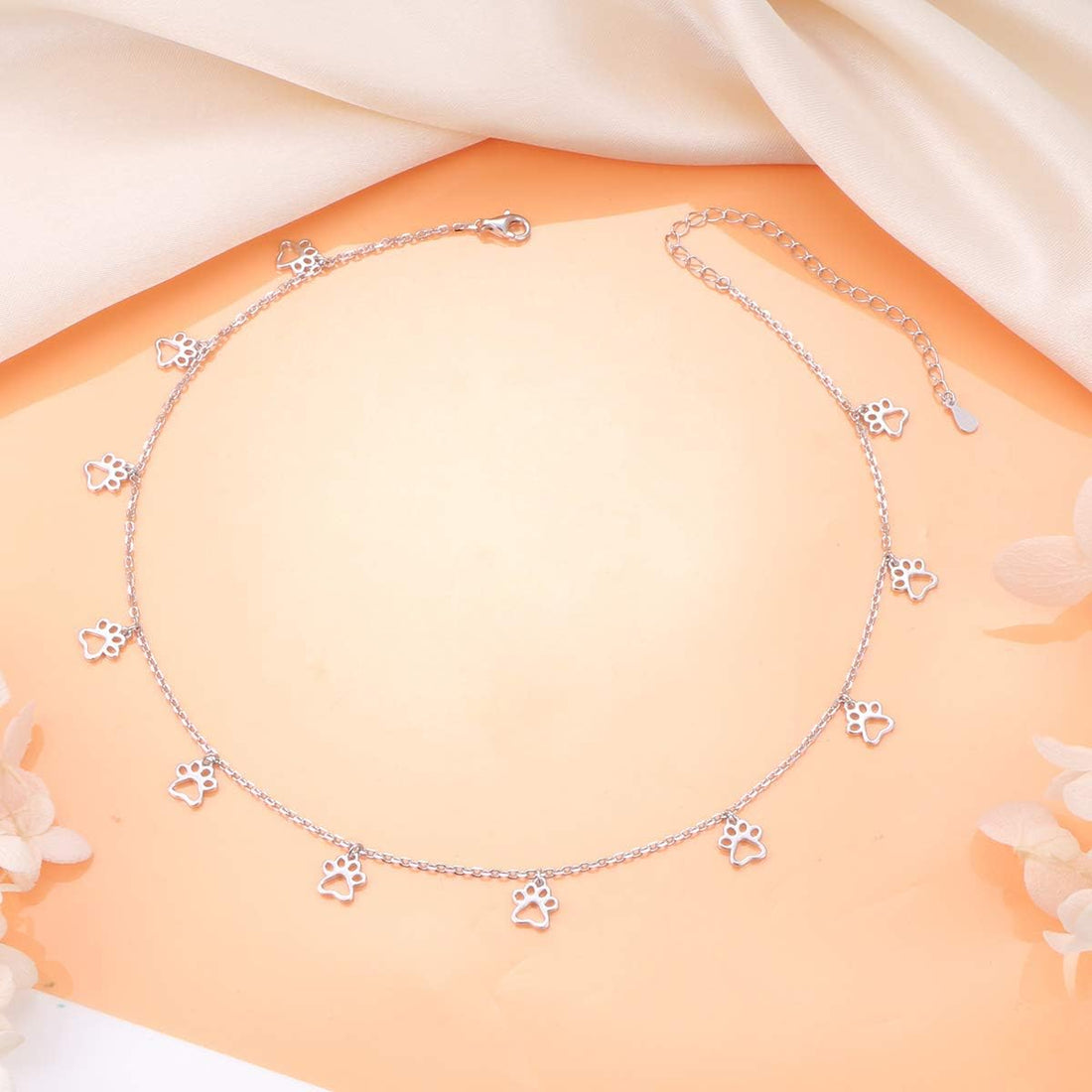 S925 Sterling Silver Puppy Dog Cat Pet Paw Print Choker Disc Chain