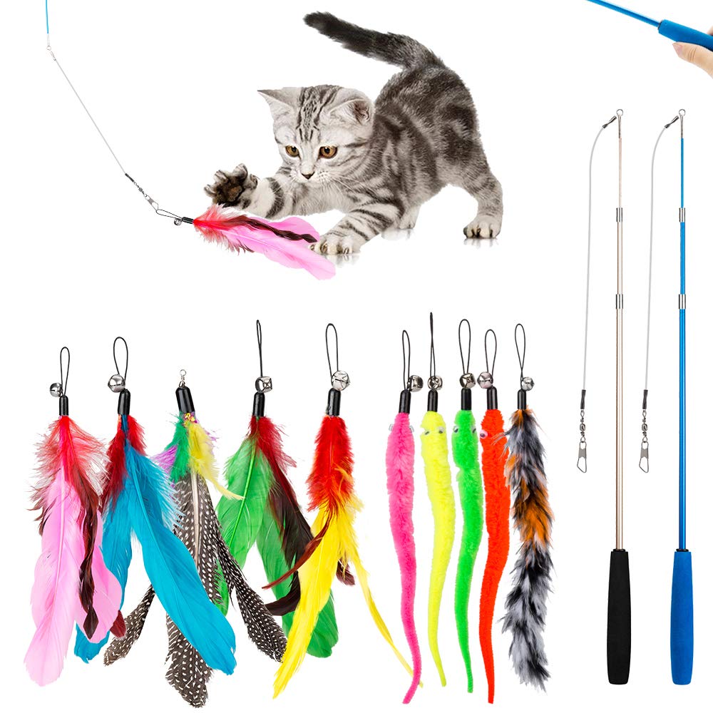 JIARON Cat Toys Feather Toy, 2PCS Retractable Wand and 10PCS