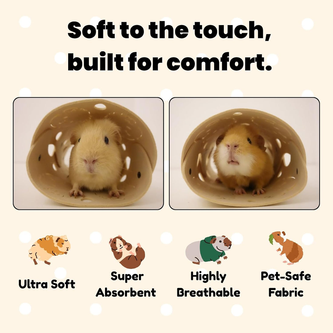 Guinea Pig Tunnel, Washable Felt Hideout, Cavyhead Design，Beige