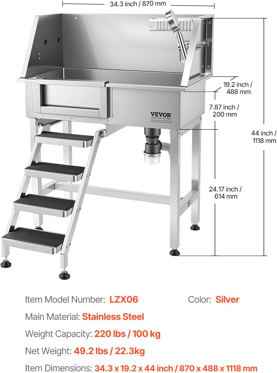 VEVOR 34" Dog Washing Station Professional Stainless Steel Pet