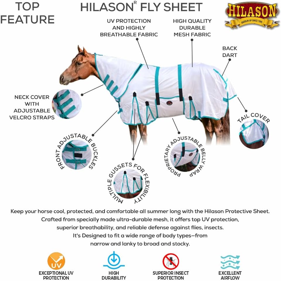 HILASON Horse Fly Sheet UV Protect Mesh 75 in White Turquoise