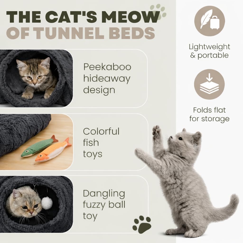 Cat Tunnel Bed with 2 Catnip Fish Toys, Interactive Cat Toys