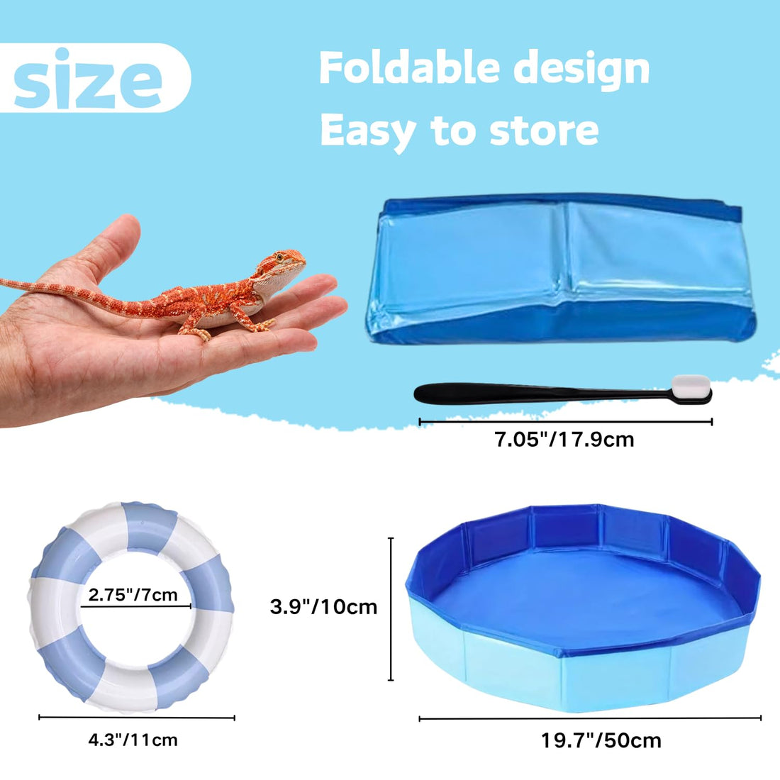 Foldable Bearded Dragon Bathtub with 2Pcs Reptile Mini Swimming Rings