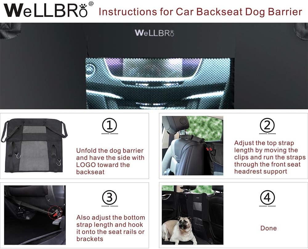 Dog Car Barrier for Back Seat, Padded Nylon Net, 2 Mesh Windows