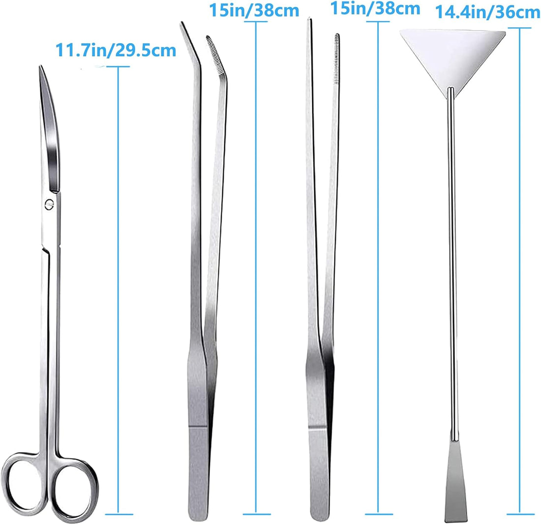 15in Aquascaping Tools, 4 in 1 Long Aquarium Tweezers Scissors Spatula