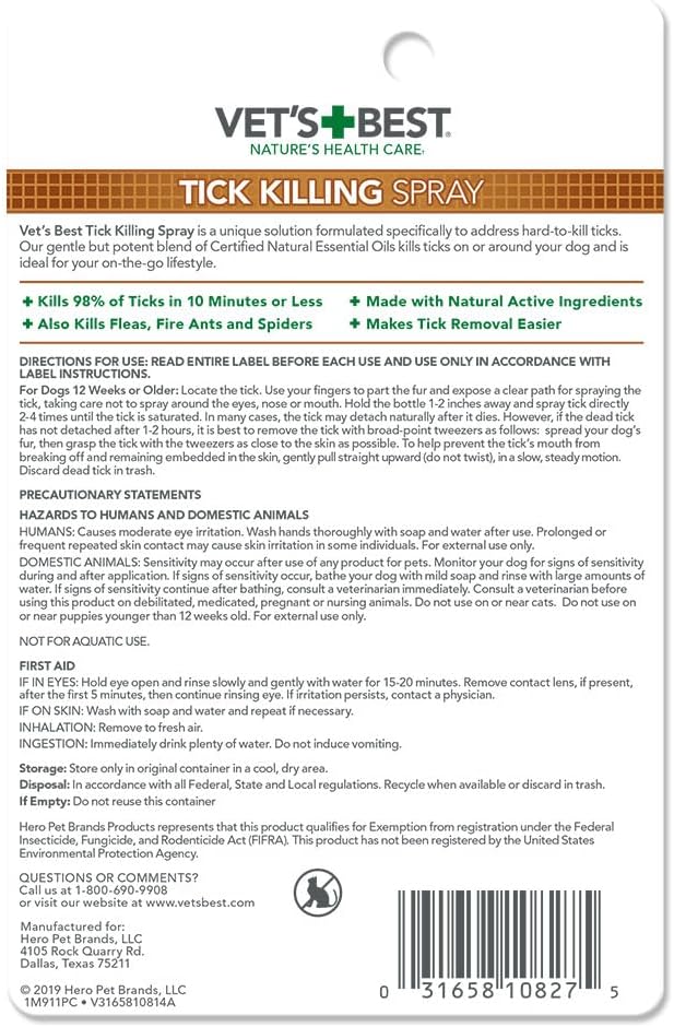 Vet's Best Tick Spray for Dogs, Plant-Based Essential Oils, 1 oz