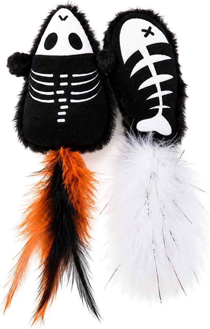 Halloween Cat Toys, Skeleton Plush with Feather Tails, 2 Pack
