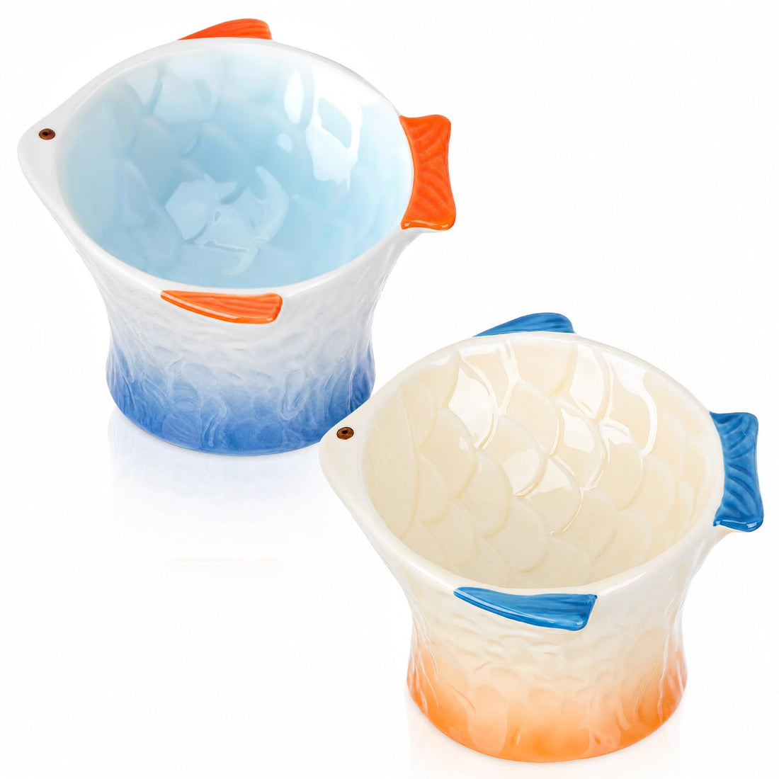 Tioncy 2 Pcs Raised Tilted Ceramic Cat Food Bowl Fish Shape Cute