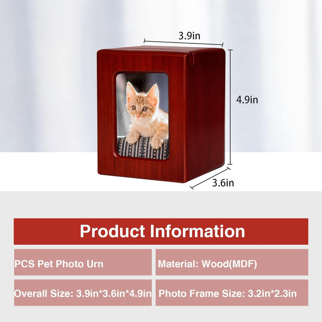 PCS Cat Urn - Photo Urn for Ashes, Cremation Box, Red-Small