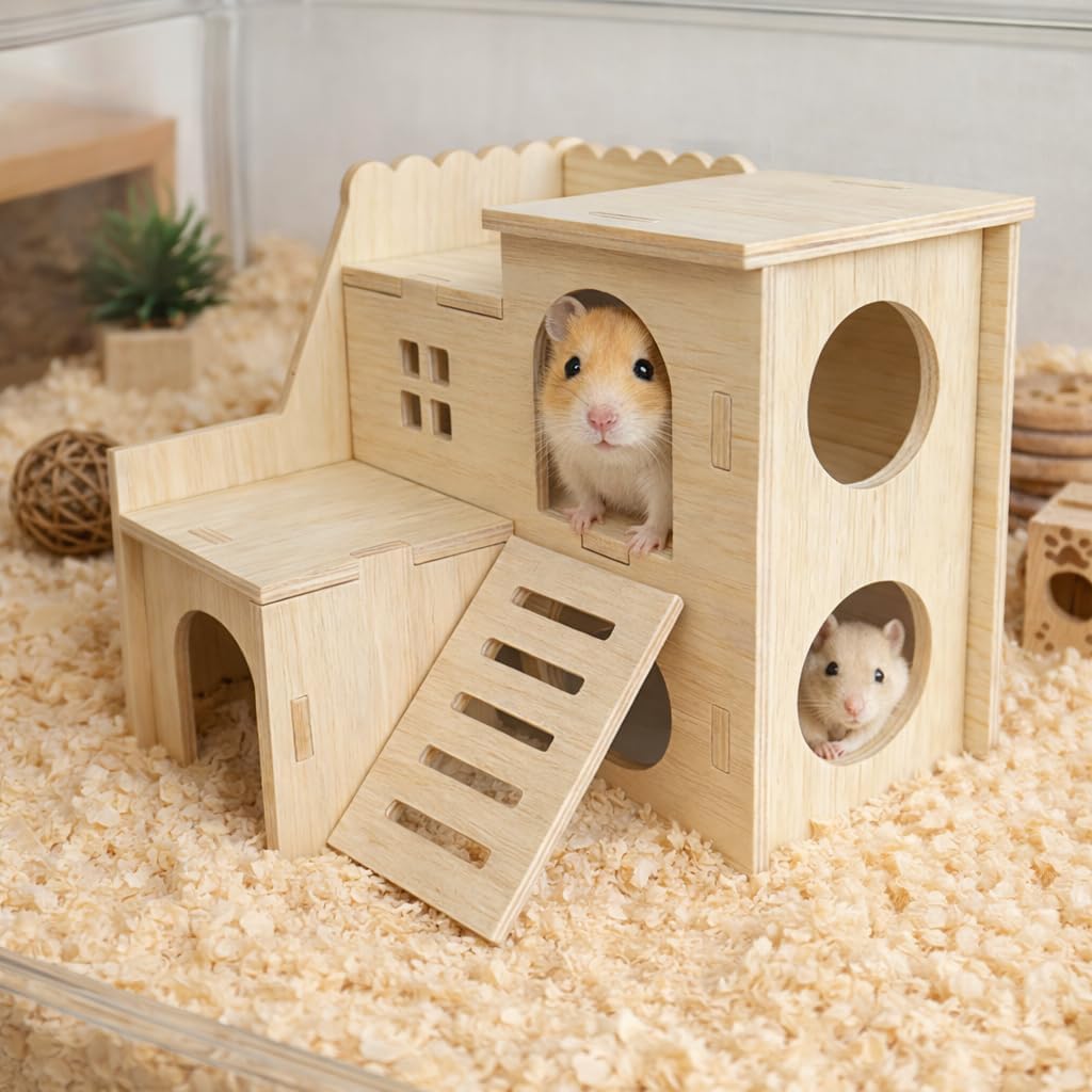 Multi-Chamber Wooden Hamster Hideout, House and Cage Accessory