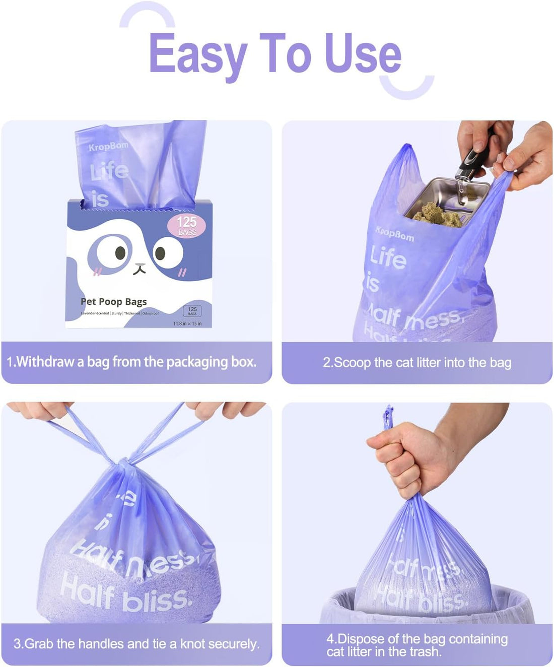 125 Count Cat Litter Bags Lavender Scented with Handles