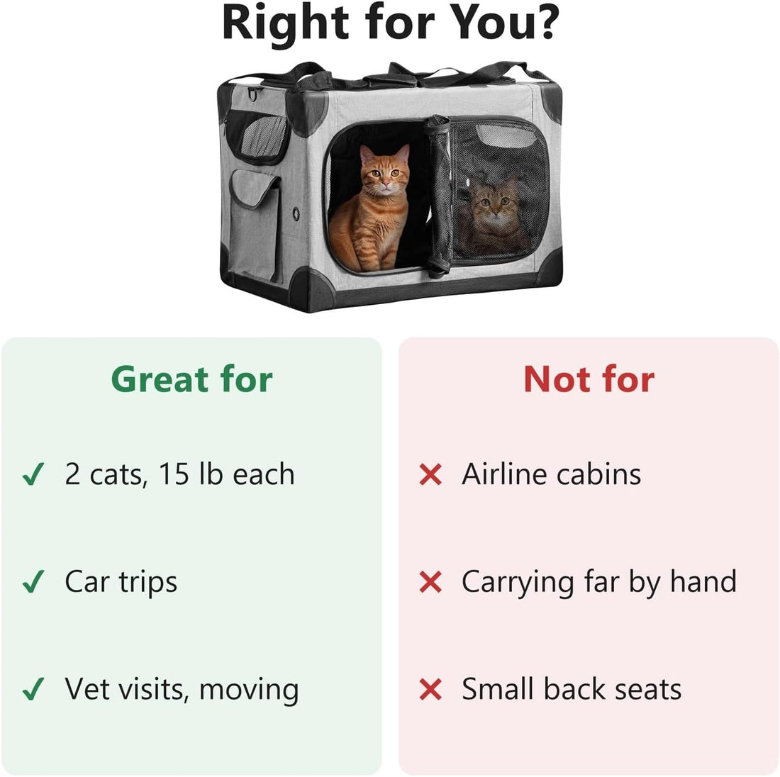 Large Cat Carrier for 2 Cats, 24x17x17 in, Metal Frame