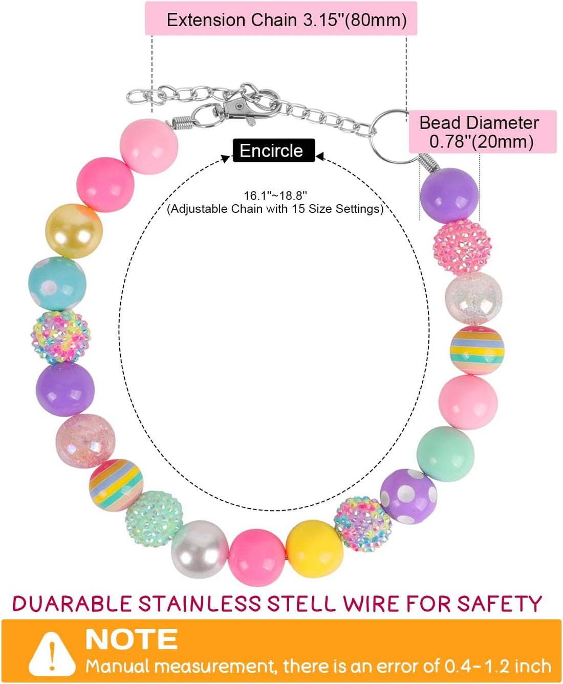 Pearl Bead Dog Collar Necklace with 20 Chunky Beads, Adjustable Chain