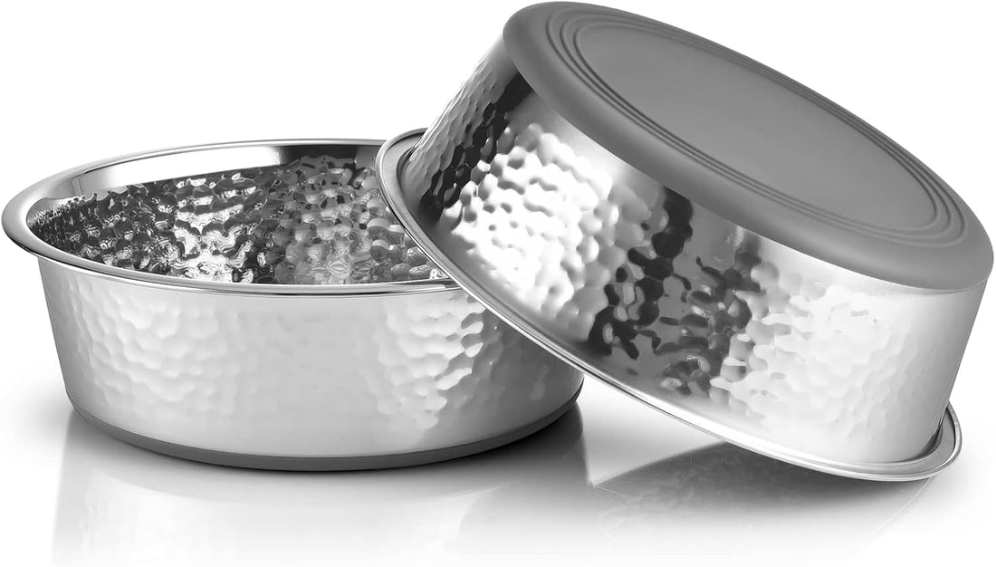 URBUDDIES Hammered Stainless Steel Pet Bowls, Two-Pack