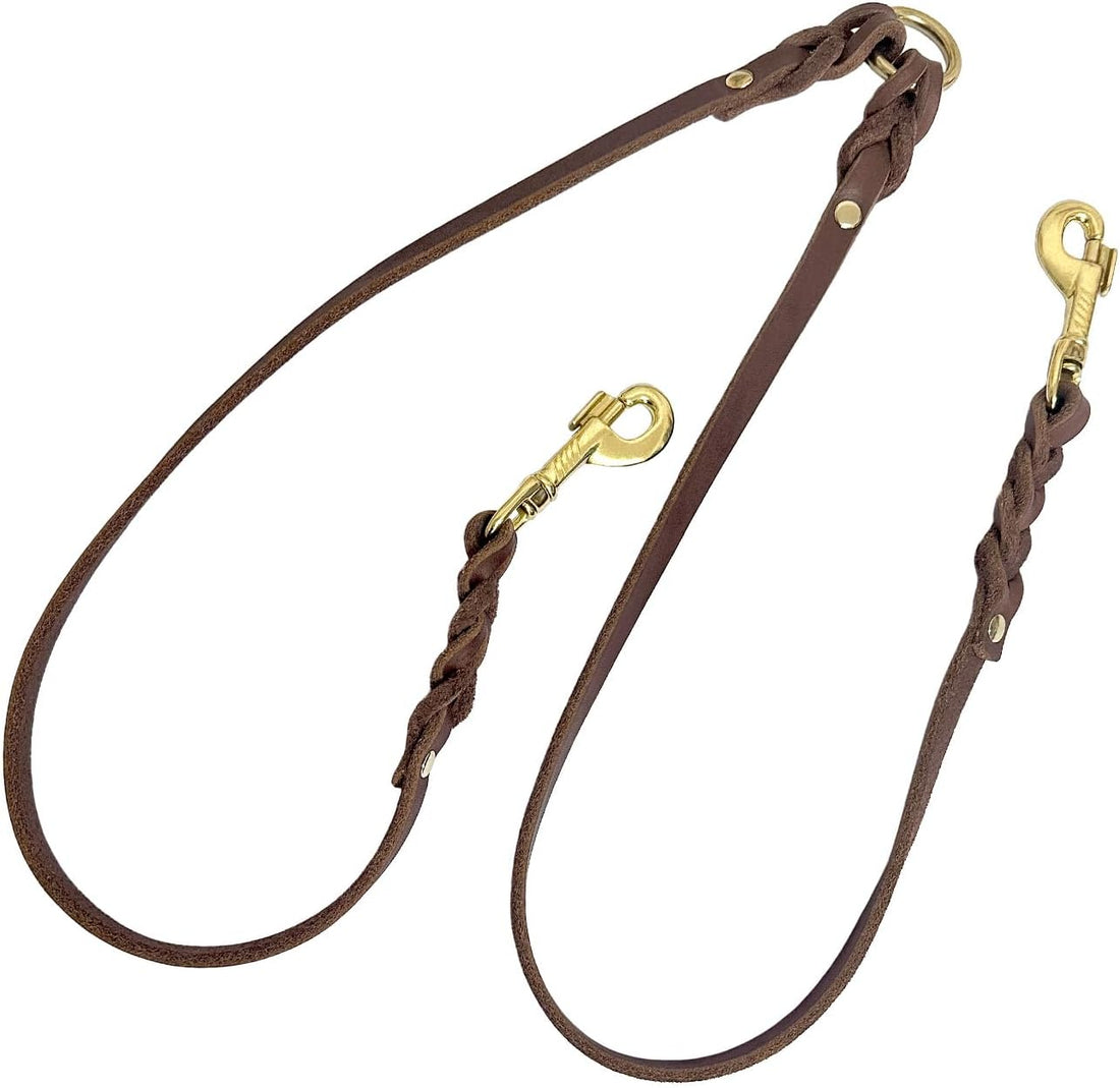 Guiding Star Leather Double Dog Leash for Two Dogs