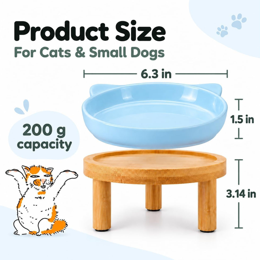 2 Pack Elevated Ceramic Cat Bowls with Bamboo Stand for Cat Bowl
