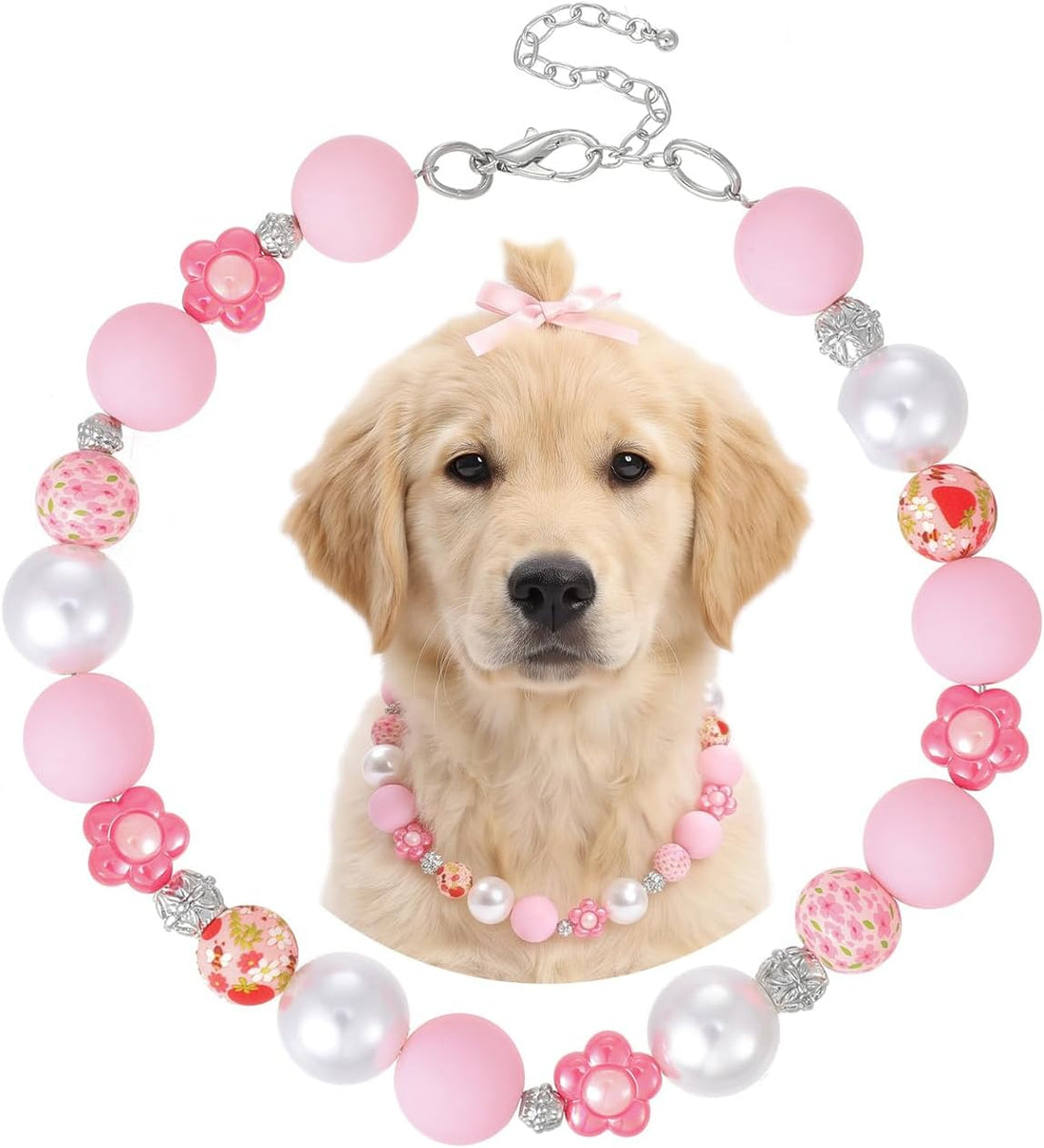 Pink Floral Beaded Collar Necklace for Dog Pet Costume Accessory