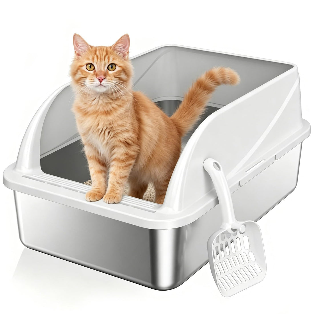 OneBug Stainless Steel High Sides Cat Litter Box with Scoop