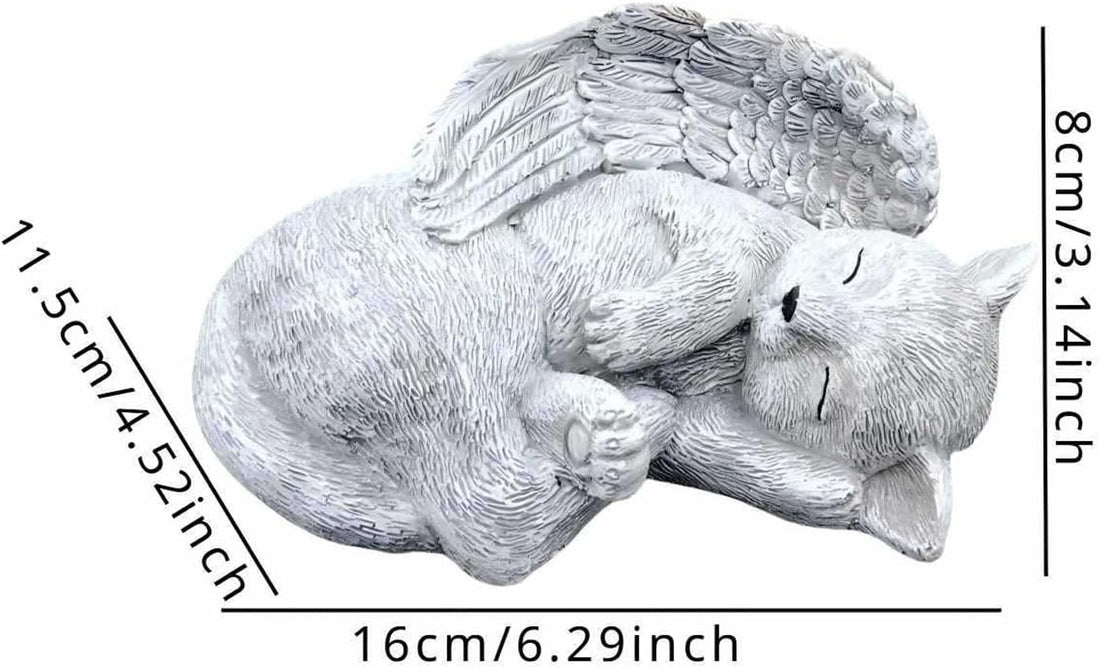 Sleeping Angel Cat Memorial Statue, Resin Figurine with Wings
