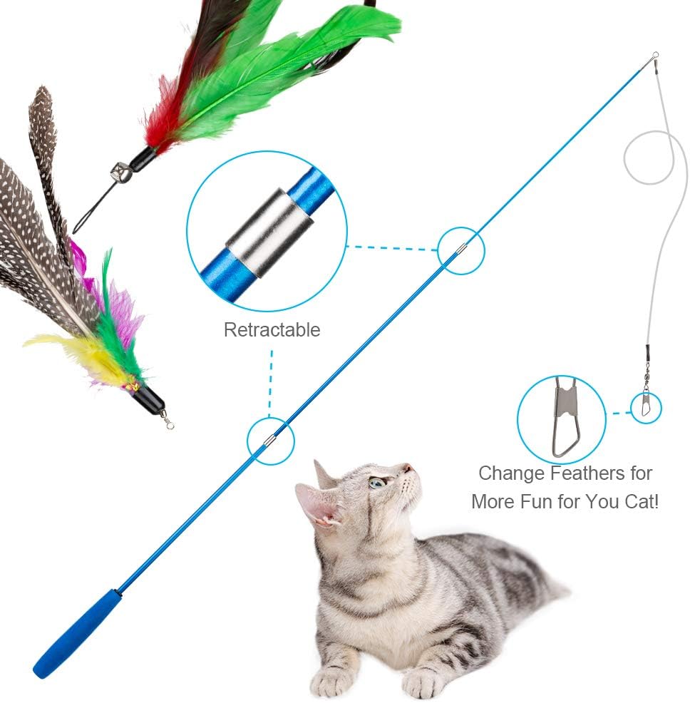 JIARON Cat Toys Feather Toy, 2PCS Retractable Wand and 10PCS