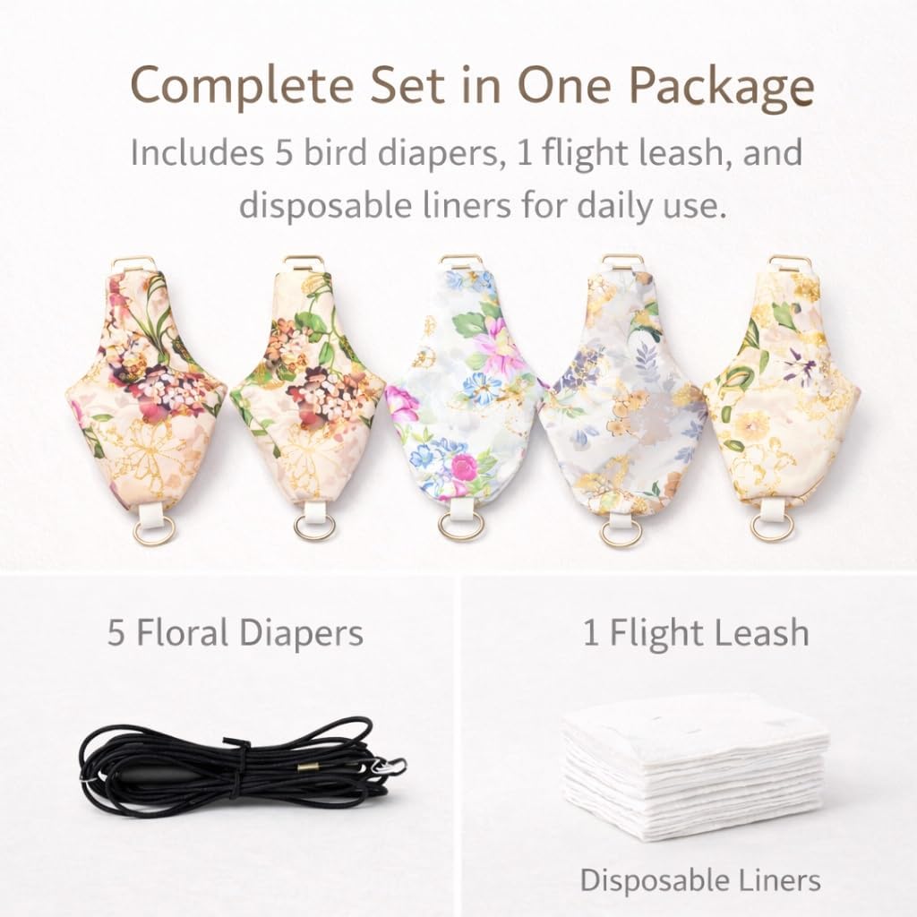 5PCS Bird Diaper Harness Set with Flight Leash and Disposable Liners