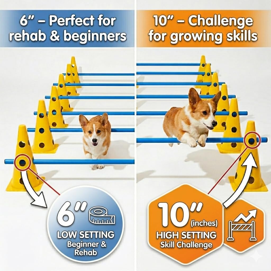 Dog Agility Equipment Set, 6 Adjustable Hurdles with 12 Cones