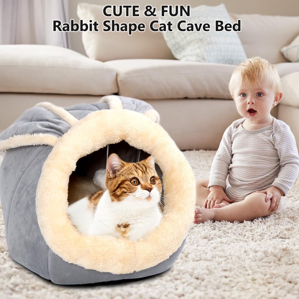Cat Beds for Indoor Cats-Rabbit-Shaped Cat Cave Bed with Hanging