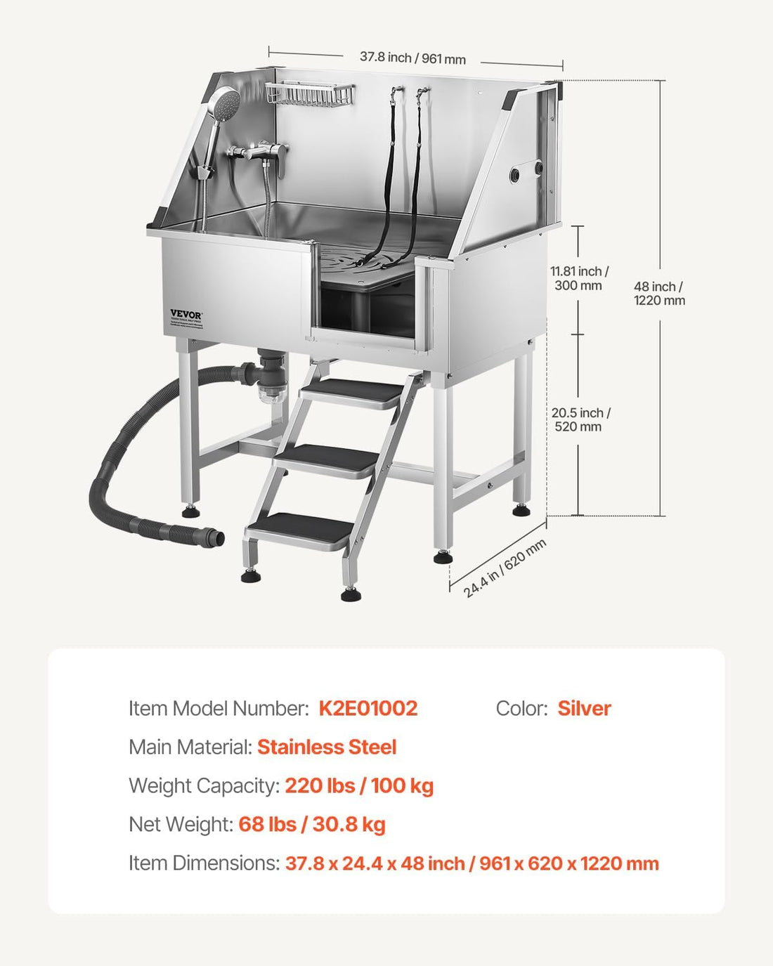 VEVOR 38 Inch Stainless Steel Dog Washing Station
